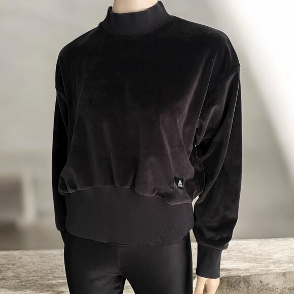 Adidas Velour Mock Neck Black Oversize Sweatshirt Sz Sm - Picture 2 of 6